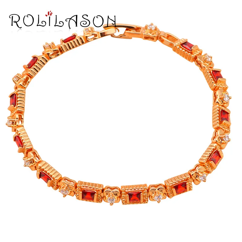 ROLILASON бренд золотой цвет очарование Браслеты Королевский Красный Циркон