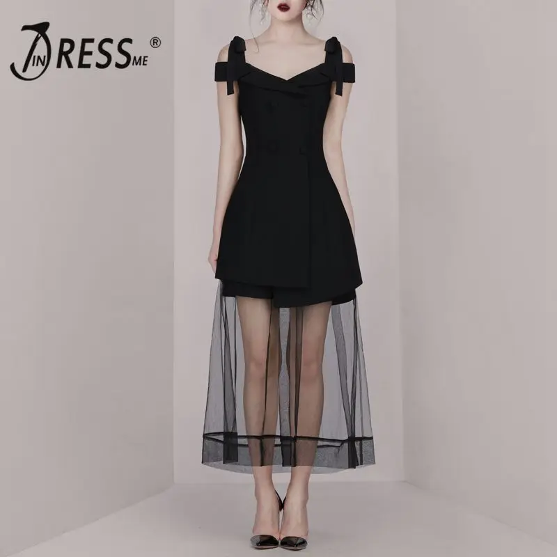 INDRESSME 2019 Новое Сетчатое платье на шнуровке с пуговицами и открытыми плечами