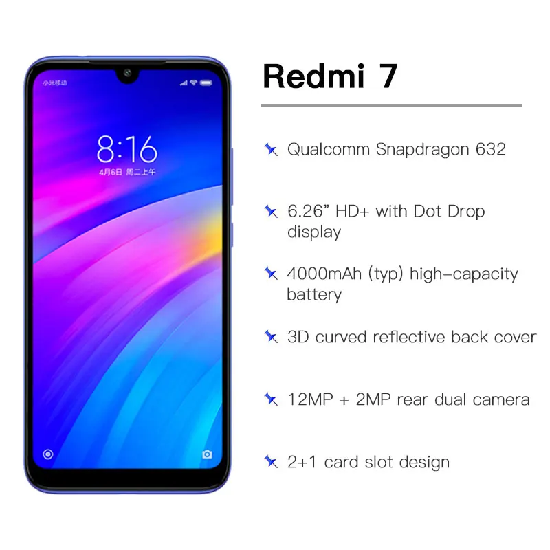 Смартфон Global ROM Xiaomi Redmi 7 3GB 32GB 4000mAh с процессором Octa Core Snapdragon 632, камерой на 12 МП и 6,26-дюймовым экраном с соотношением сторон 19:9.
