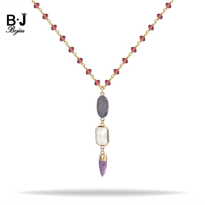 BOJIU Fashion Statement Necklace Purple Crystal Bead chain Grey Druzy Purple Pendant Jewelry NKS149