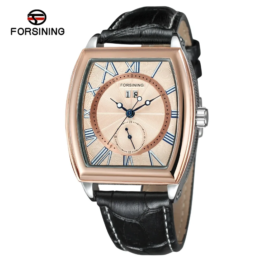 Forsining Top Brand Men's New Design Tonneau Shape Trendy Automatic Selfw-winding Popular Watch With Genuine Leather Band Clock