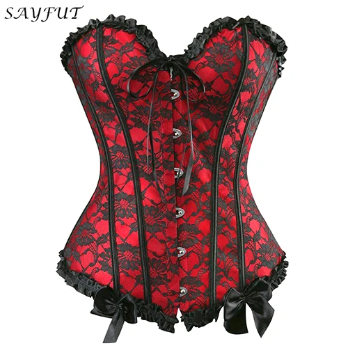 Red SAYFUT, женский сексуальный кружевной корсет с бантом, бюстье, бодишейпер, топ, лиф, цветочный, черный, кружевная отделка, корсеты, обхват груди, талия, тренажер, Cincher - Цвет: Red