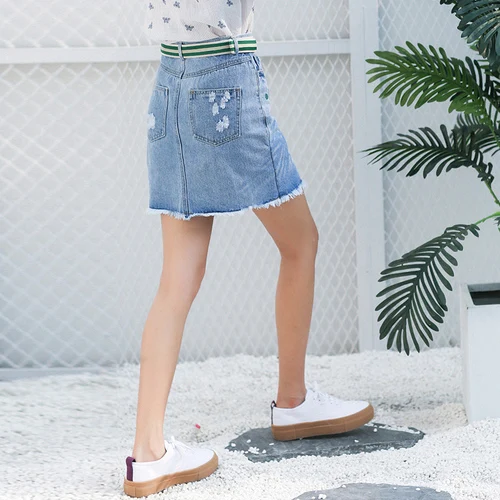 AUFYSO Юбки Женщины 2017 Лето Япония Стиль Ретро Ripped Кисточкой вышивка Высокой Талией