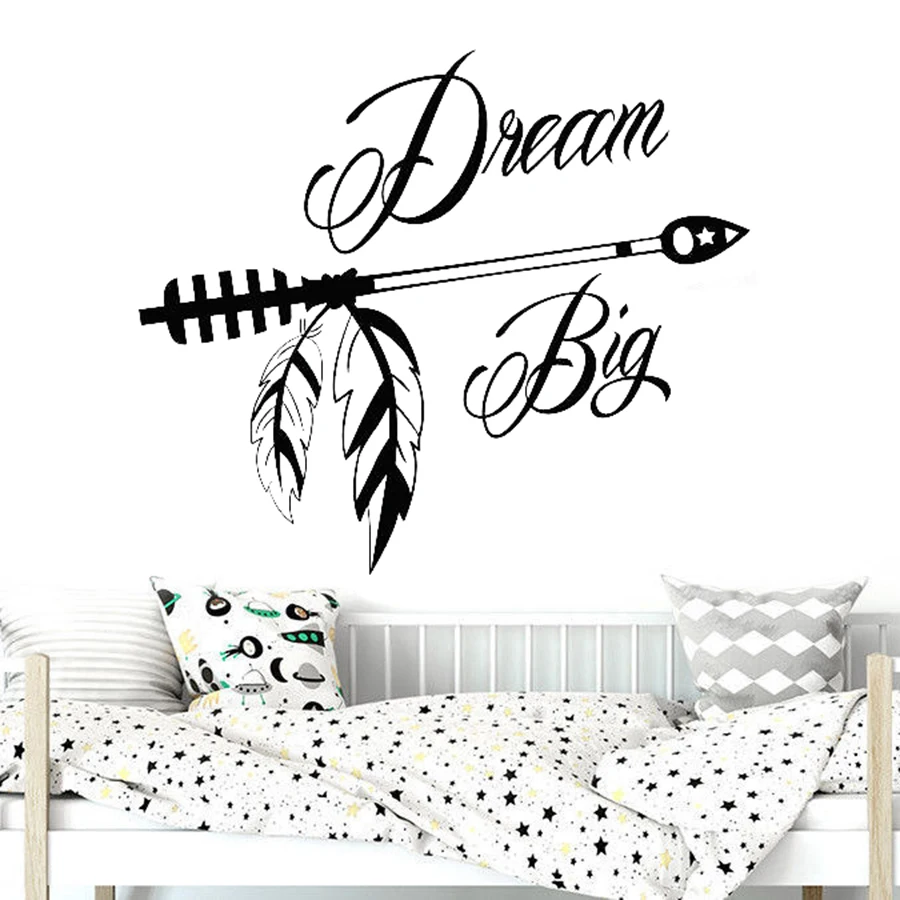 

Dream Big Wall Decal for Baby Nursery Room Boho Arrow Feather Vinyl Wall Stickers Bedroom Quote Decals for Boys Girls Kids D882