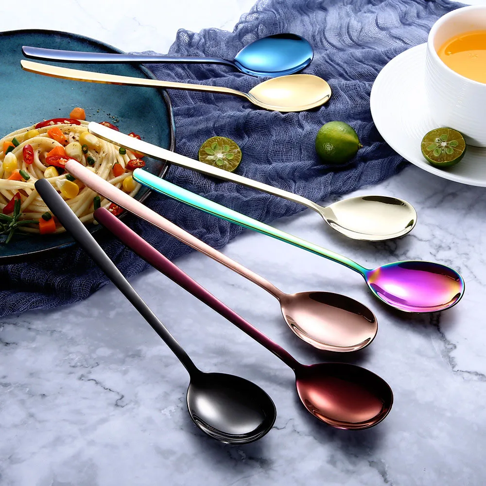 

Korean Style 304 Stainless Steel Stirring Spoons Forks Dinnerware Set Colorful Cutlery Creative Ice Spoon Kitchen Accessories
