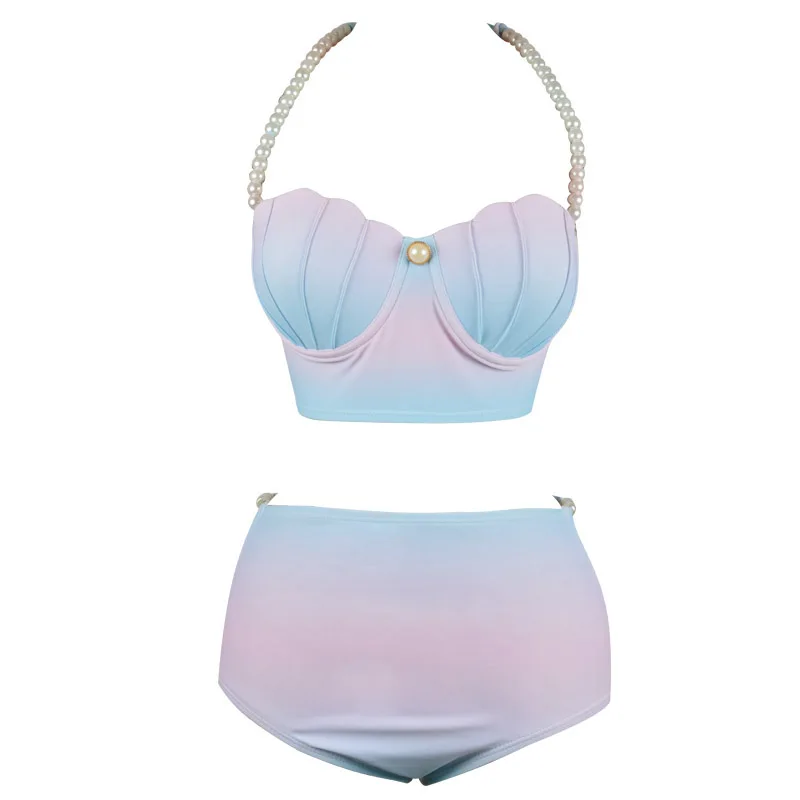 

New Sexy Gradient Shell Bikini Set Women Multi Layer Skirt Swimsuit S-XL Girl Pearl Chain Swimwear Backless Halter Bathing Suit