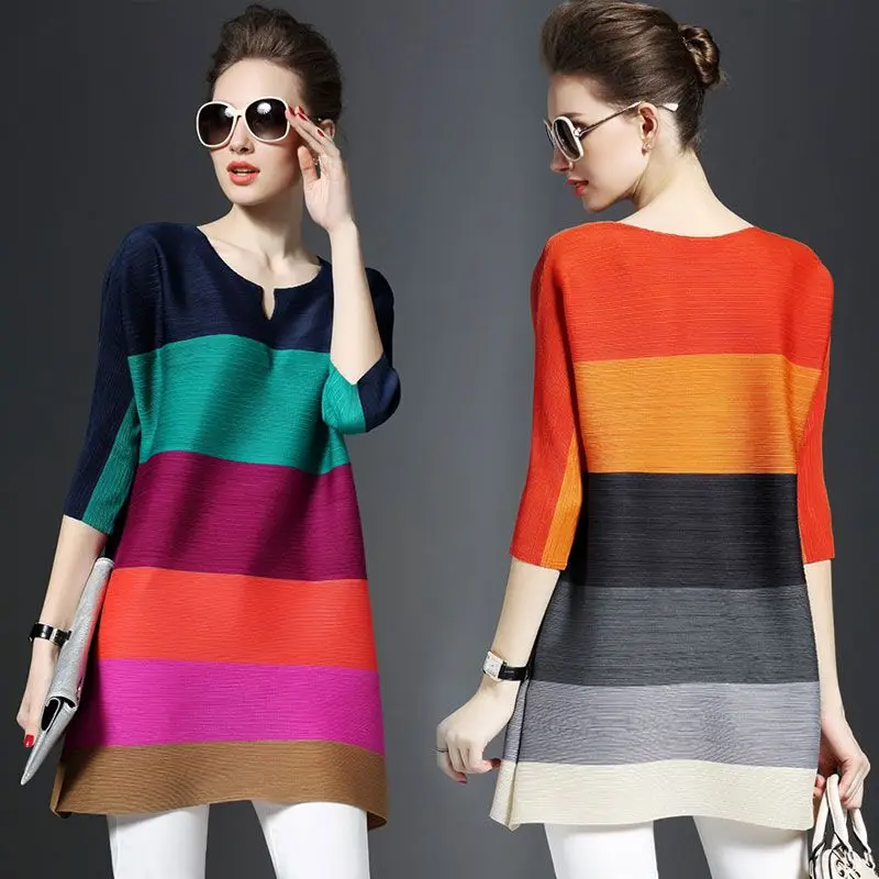

2017 Spring three quarter sleeve pleated top female medium-long plus size loose elegant pressure pleated one-piece dress