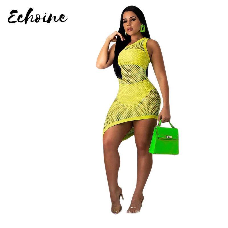 

Echoine Solid Color Skew Collar Fishnet Hollow Out Dress Women Summer Dress Crop Tops Short Pants 3 Piece Sets Beach Dresses