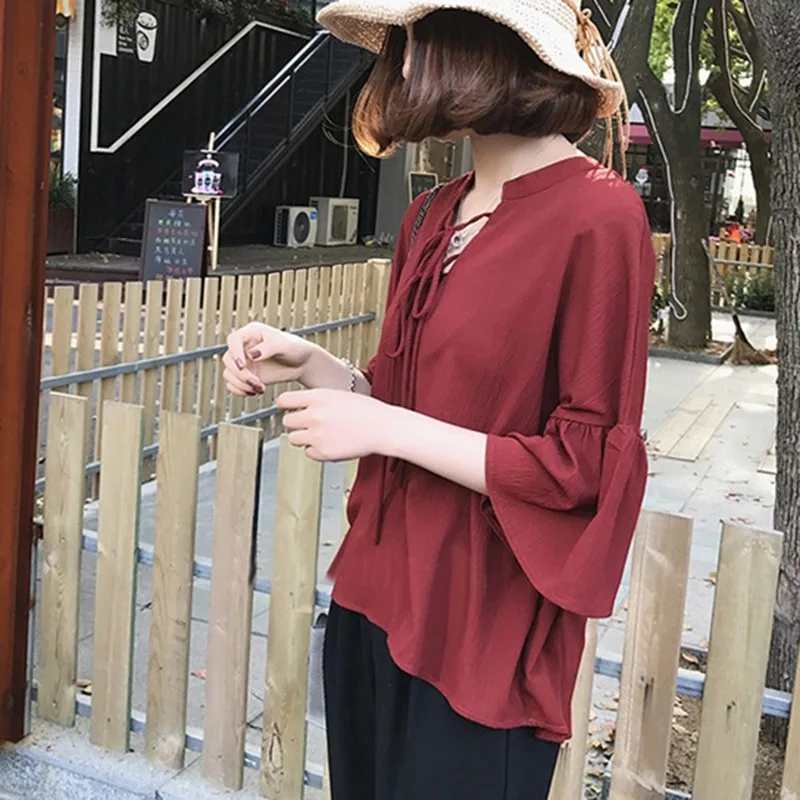 

2019 Summer Chiffon Blouse Spring Women's Tops Solid V-Neck Three Quarter Flare Sleeve Lace Up Chiffon Blouse