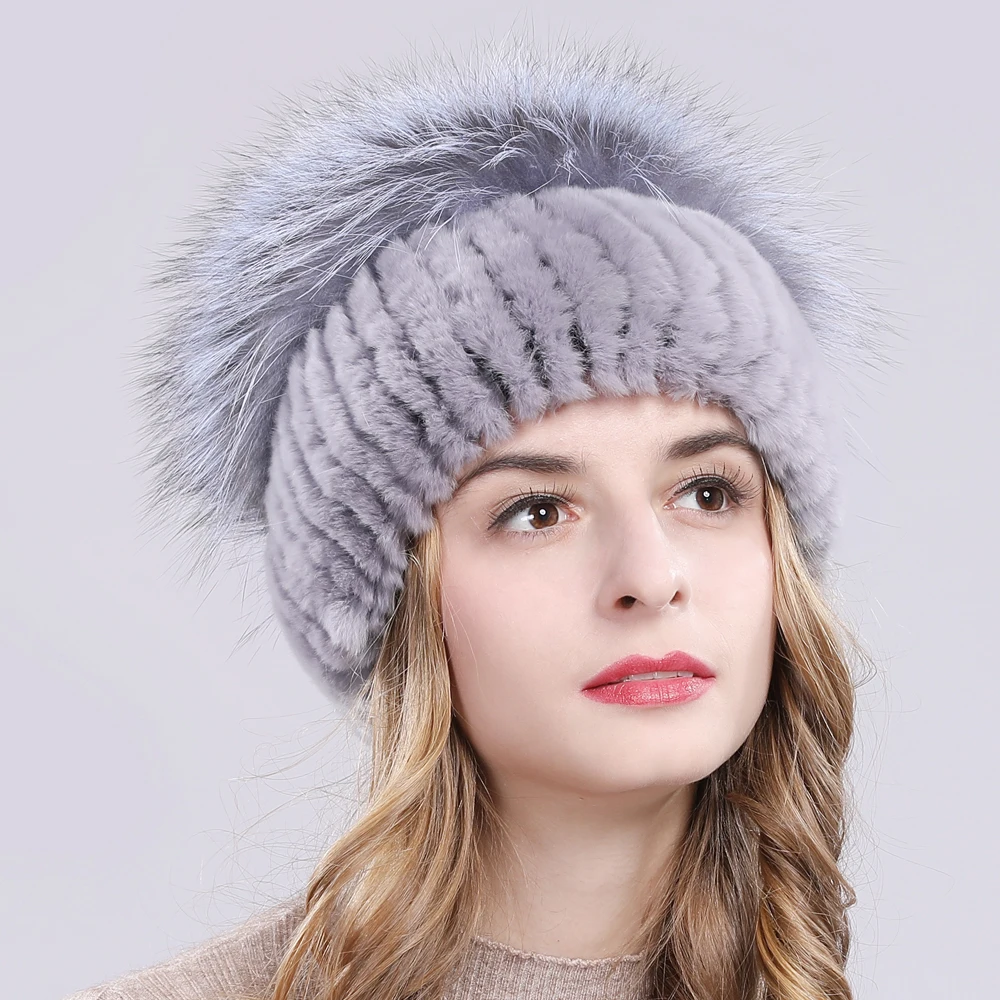 2020 Для женщин Настоящий мех кролика шапки бини Шапки вязаная эластичная 100%