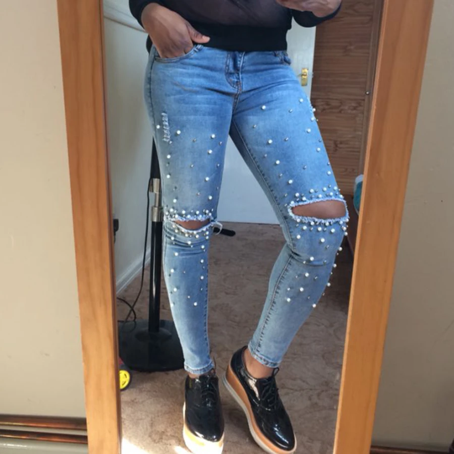 

Knee Hole Ripped Jeans Women Stretch Denim Pencil Pants Casual Slim Fit Rivet Pearl Jeans Vogue Long Trousers Low Waist Cowboy