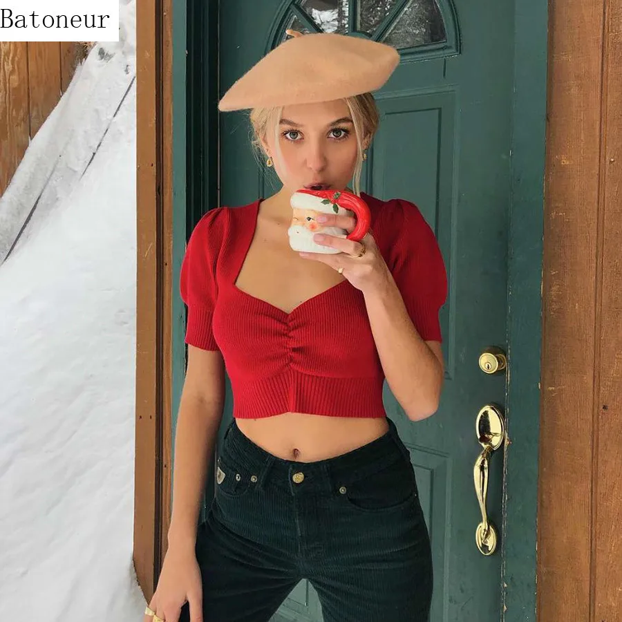 Женский укороченный топ в стиле ретро с v-образным вырезом и рукавами-фонариками