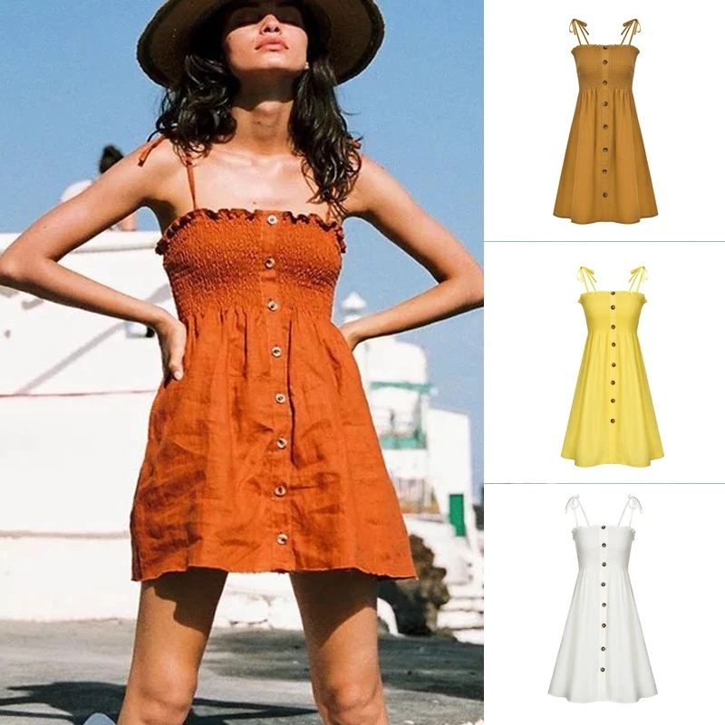 FORERUN летние платья 2019 женские Boho Спагетти ремень пляжные Твердые А-силуэта мини