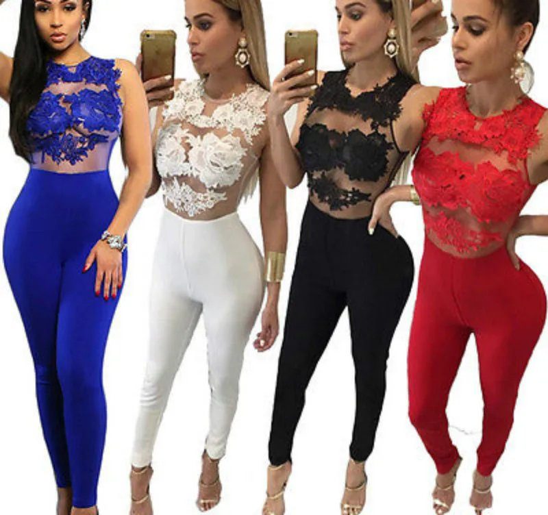 Пикантные модные женские туфли рукавов бинты Bodycon комбинезон Кружево Мотобрюки