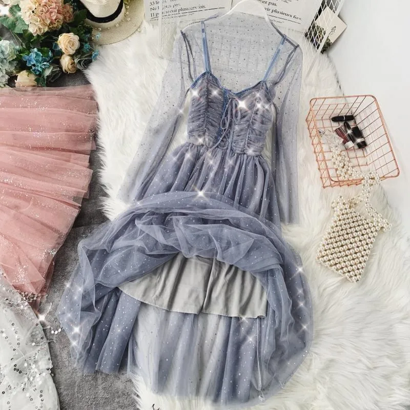 Женское Сетчатое платье макси длинное кружевное из вуали комплект двух