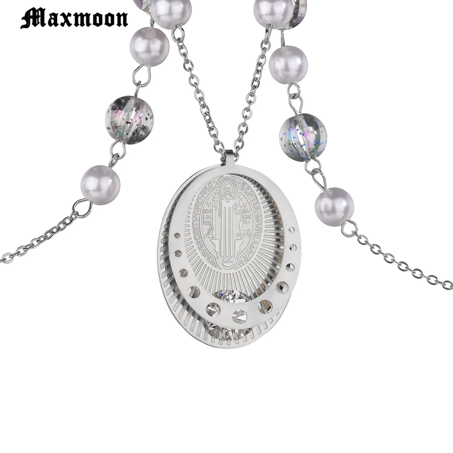 Maxmoon 3D Round Saint Benedict Stainless Steel Medal Antique Silver Color Gold Cross Pendant Necklaces Women Girl Gift | Украшения и