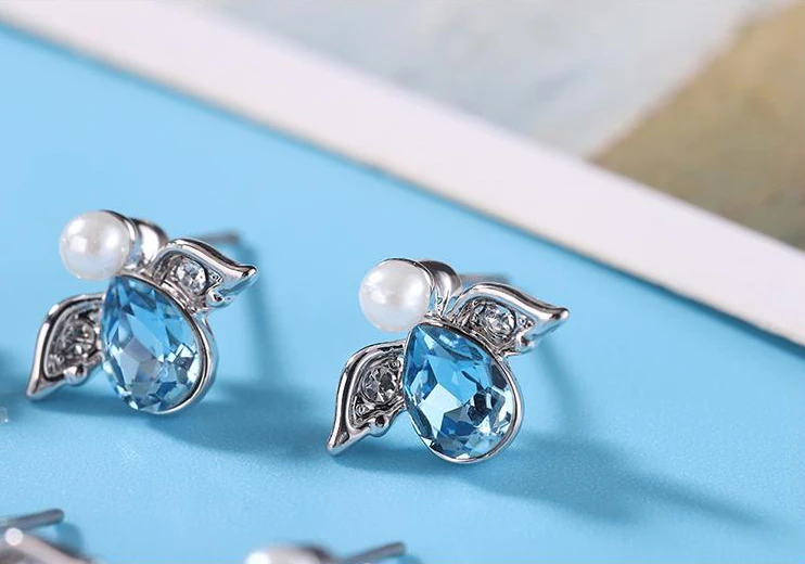 

Fashion Genuine Crystal From Swarovski Angel Statement Stud Earrings For Women Girls Silver Color Wedding Korean Earring Jewelry