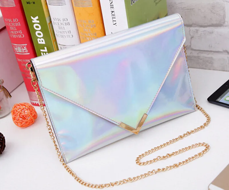 

Clearance Women Silver Laser Sling Bag Chains Reflective Crossbody Bag Envelop Shoulder Clutch Handbag Purse Punk Fashion Brand