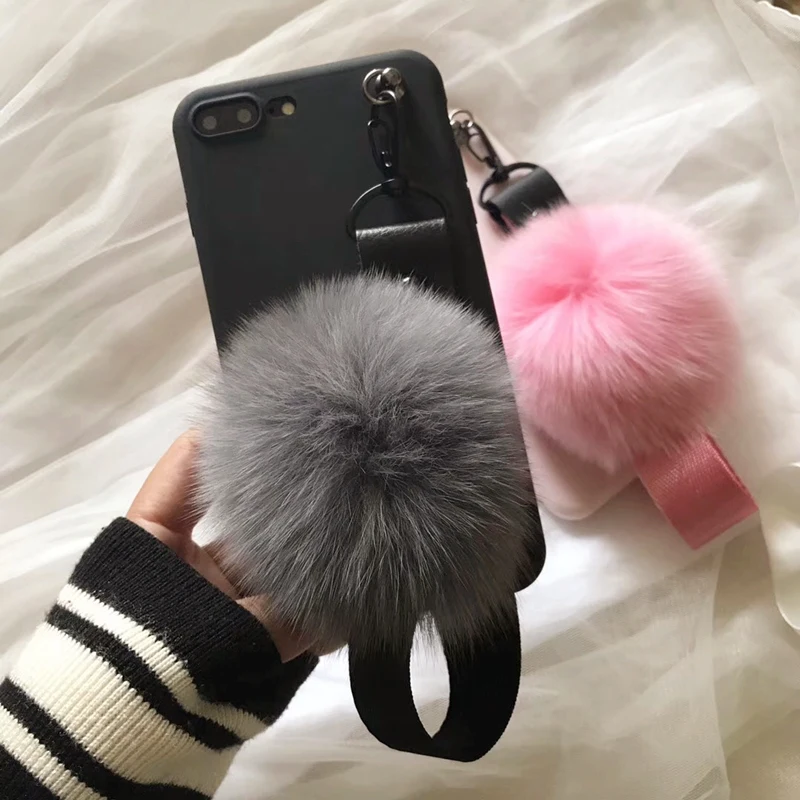 Лисий мех мяч Чехлы для Iphone7 7 Plus Для женщин Lady девочек сумки с ремешком Iphone8 8 плюс 6