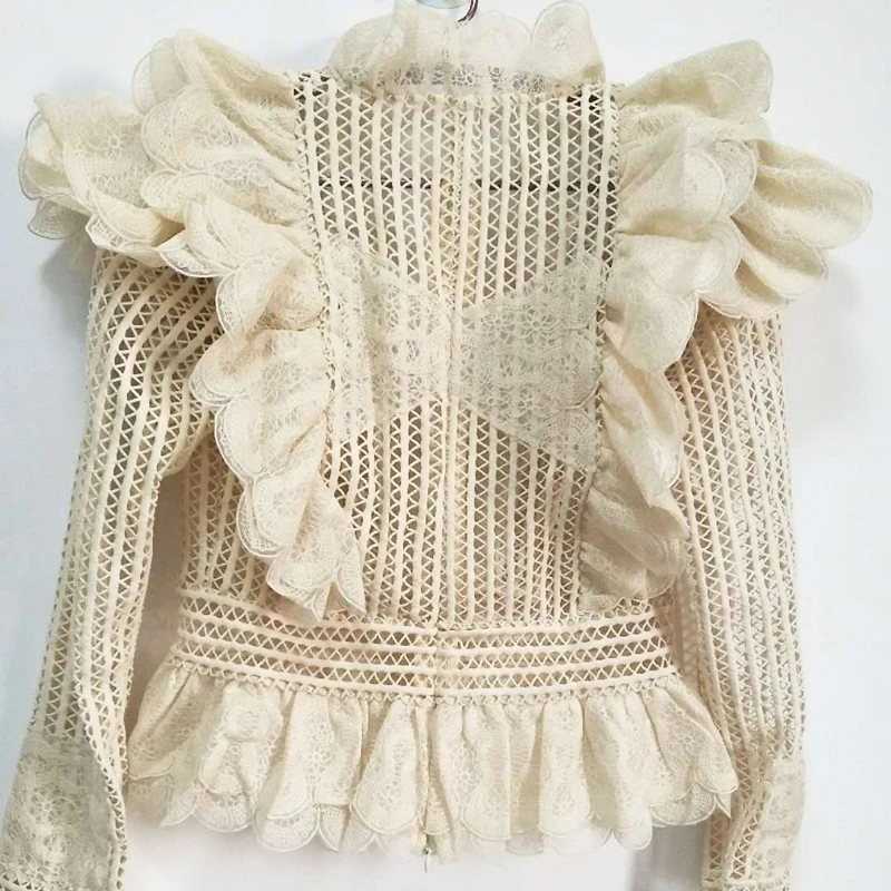 Luxury Brand Hollow Out Ruffles Woman Shirt 2018 Autumn New Arrival Long Sleeve Deep V-Neck Sexy Elegant Female Blouse Tops |