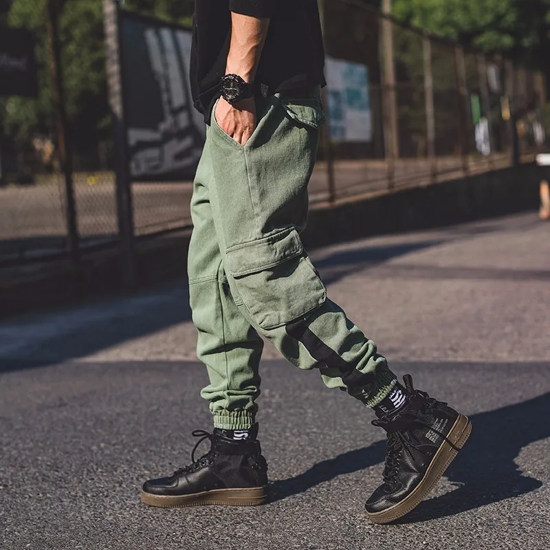 2018 Japanese Men's Fashion Pocket Decoration Hit Color Bound Feet Casual Cargo Pants Loose Black/Green Trousers Size M-3XL | Мужская
