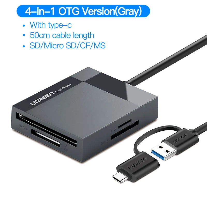 4-in-1 With Type-C Ugreen кард-ридер USB 3,0 все в одном SD/Micro SD/TF/CF/MS Compact Flash смарт-карта памяти Адаптер Тип C OTG SD кард-ридер - Цвет: 4-in-1 With Type-C