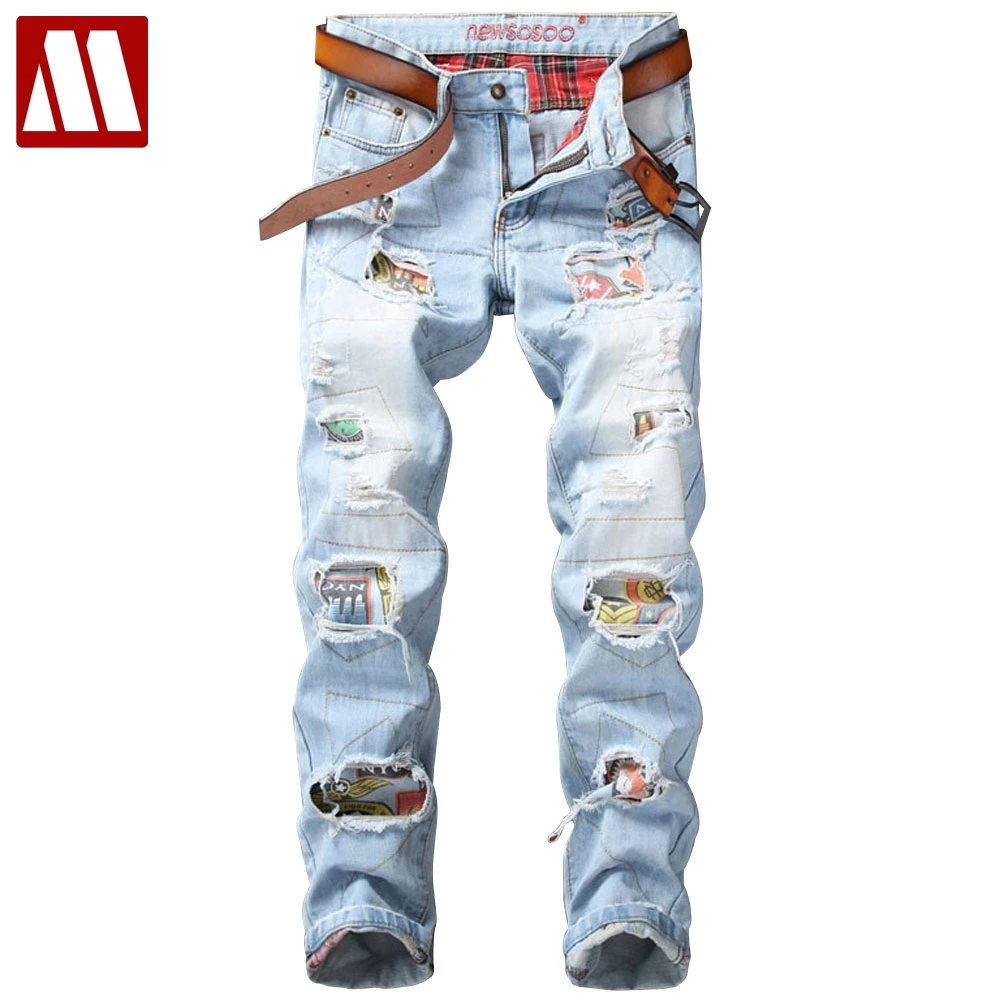 Men Jeans Stretch Destroyed Ripped Design Fashion Badge Patchwork Skinny Jeans For Man Slim Fit Biker Holes Cotton Denim Pants