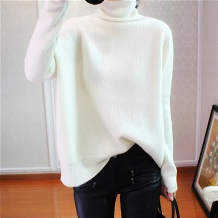 korean style pure cashmere knit women casual batwing sleeve turtleneck loose pullover sweater solid color S-L | Женская одежда