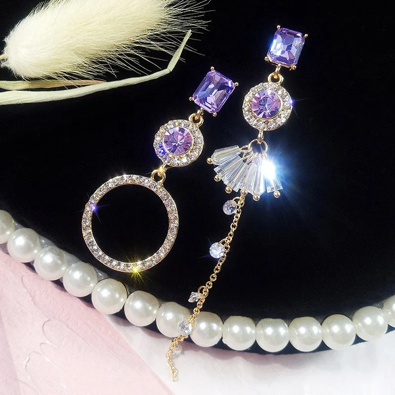 S925 Серебряная игла асимметричные серьги rhinestone круг женские изысканные
