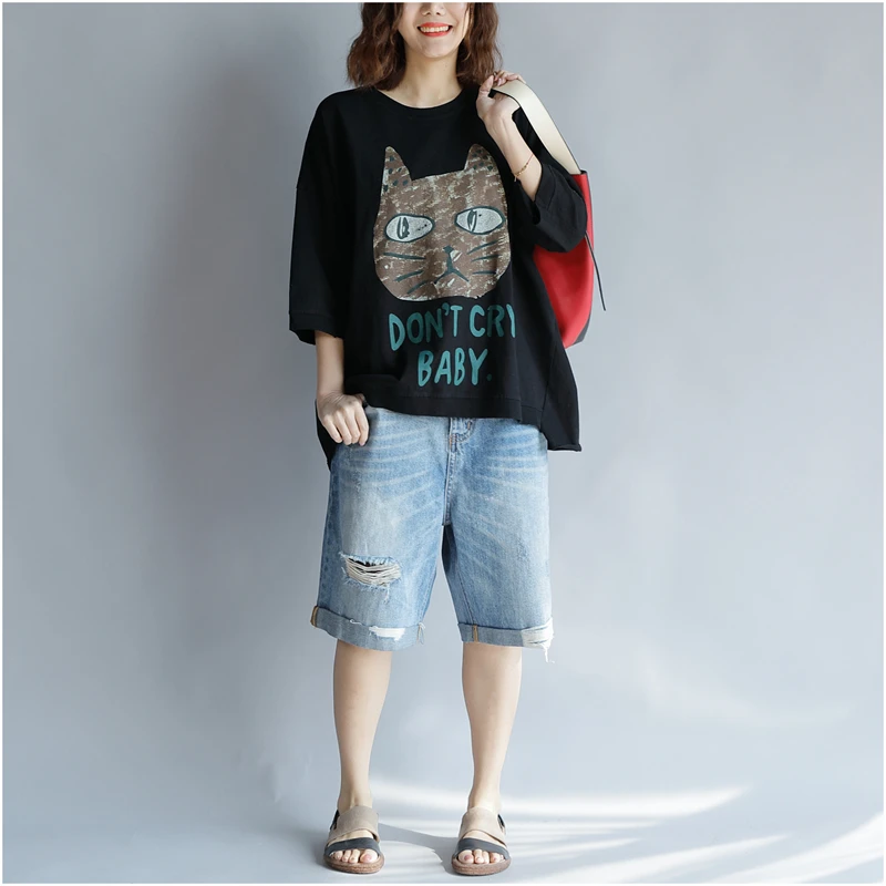 Большие размеры Kawaii Cat с буквенным принтом Футболки женские harajuku большие 4XL 5XL