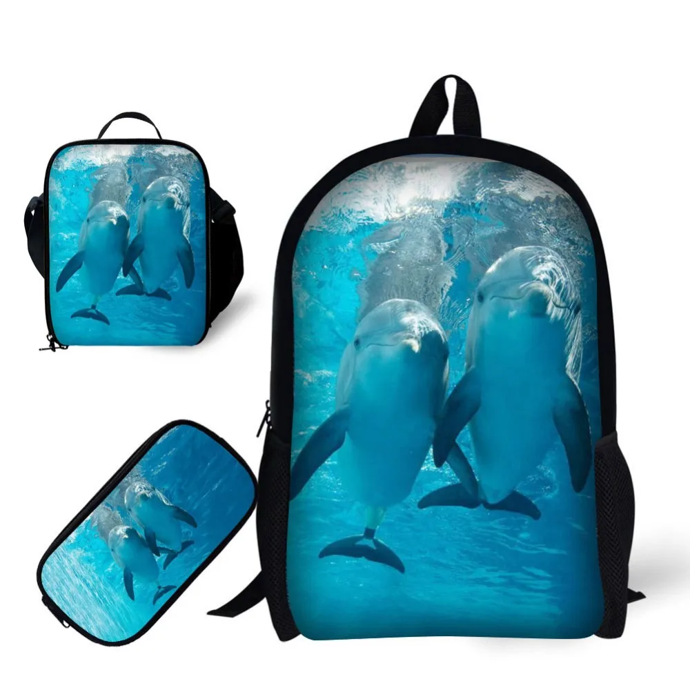 School 3pcs/set for boy Backpack Dolphin print Satchel Schoolbag In Primary Students Notebook Bag Meal package Pencil case