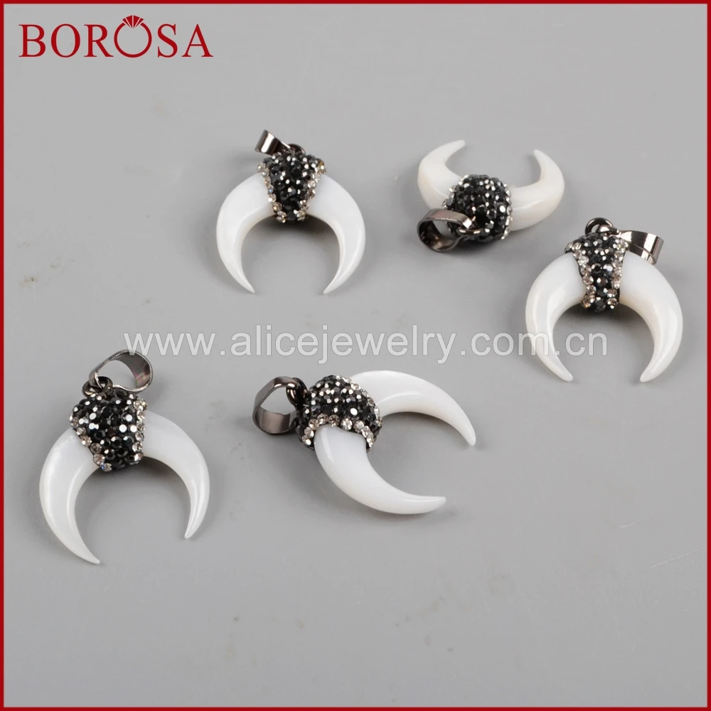 

BOROSA 10/20PCS Crescent Moon shape Natural White Shell Pendant Paved Zircon, Horn Jewelry Shell Pendant for Necklace JAB800