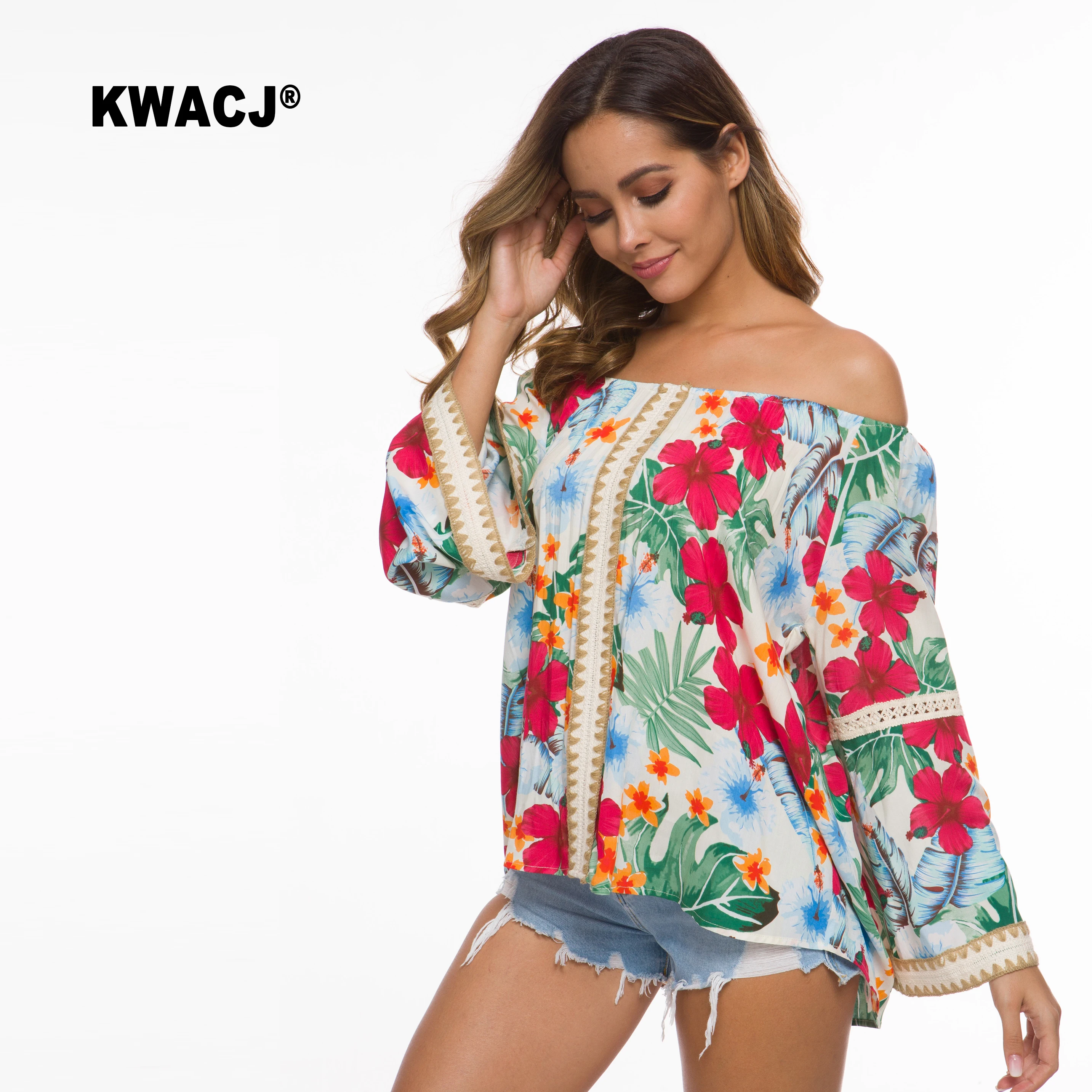 KWACJ топ с открытыми плечами Blusas цветочный принт Boho одежда длинный рукав-клеш
