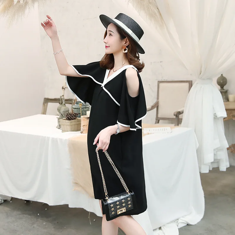 

2021 Elegant Black Dress Short Sleeve Pregnant Dress Summer Maternity Clothing Women Chiffon Strapless Pregnancy Summer Dress