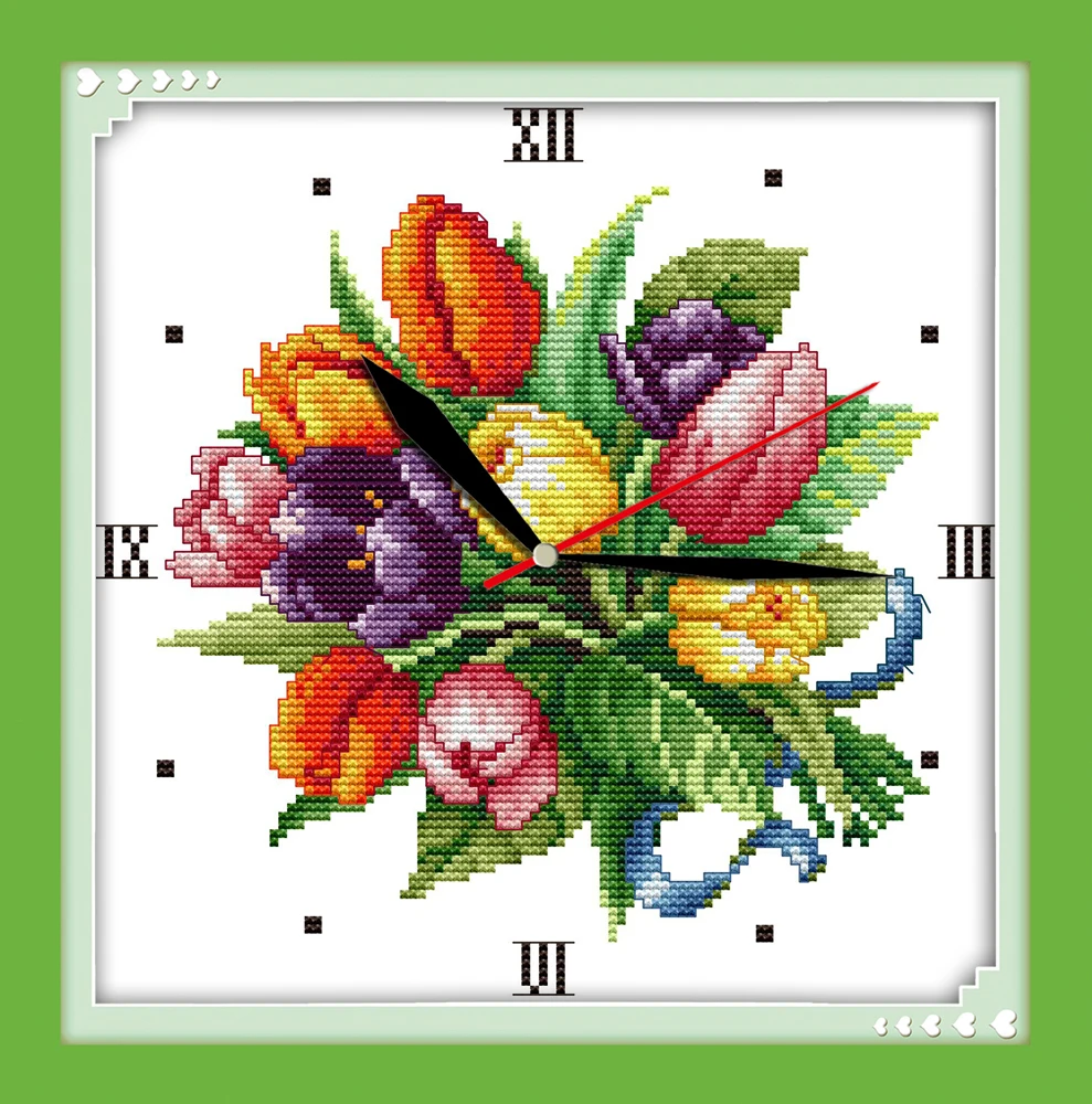 Joy sunday Tulip clock face counted free wall clock cross stitch pattern christmas decorations for home