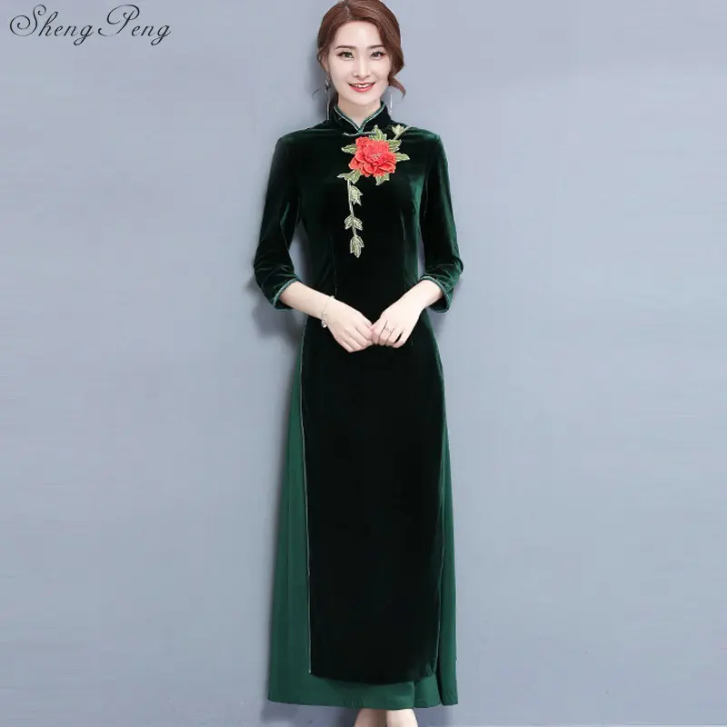 

Традиционный китайский женский Ципао, Элегантный вышитый велюровый высококачественный Восточный китайский Ципао для женщин Q193