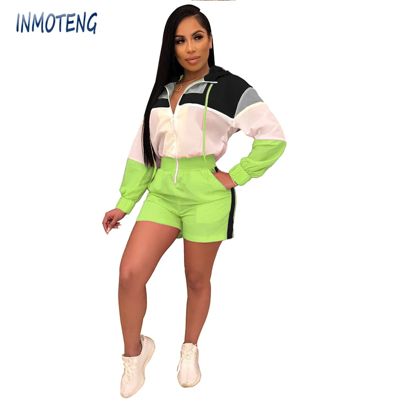

INMOTENG Summer Zipper Up Hooded Colorful Sunscreen Jumpsuit 2019 New Women Long Sleeve Patchwork Striped Print Slim Playsuits