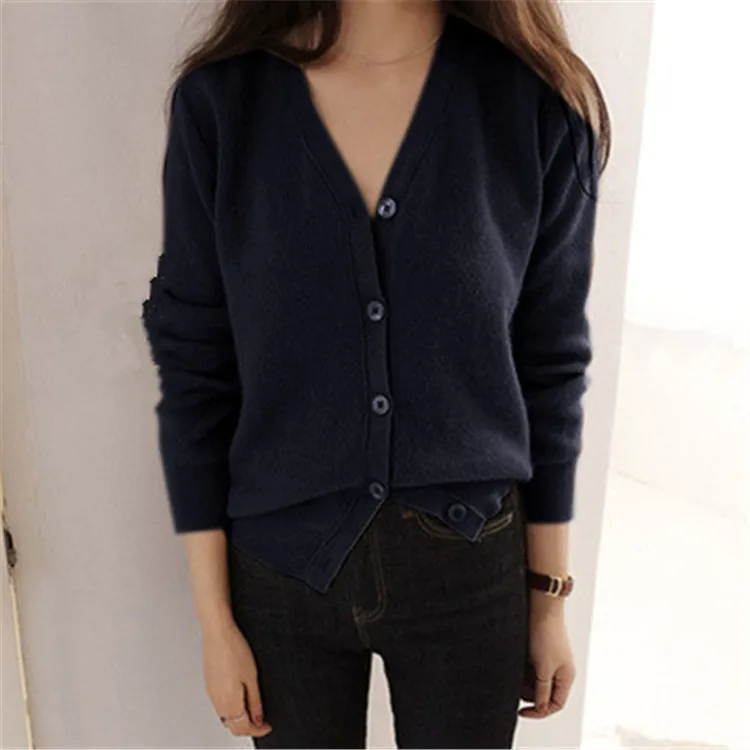 Кашемировый вязаный женский корейский стиль Vneck Тонкий однобортный Кардиган свитер сплошной цвет S-2XL