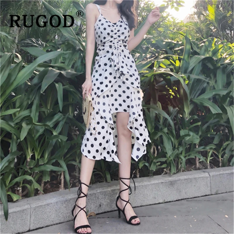 Женское длинное пляжное платье RUGOD Элегантное Длинное белое в горошек на тонких