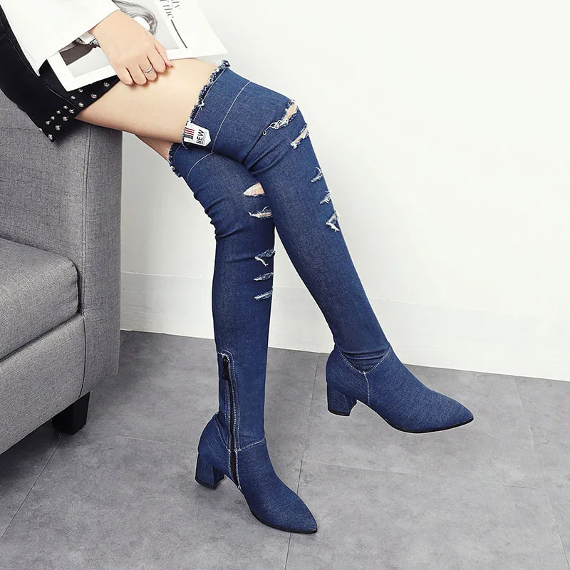 Женские джинсовые ботфорты JK Осенние рваные эластичные сапоги из коллекции 2018