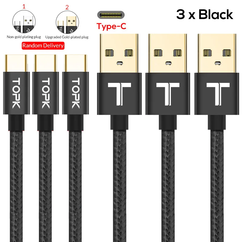 3-Pack TOPK 0,6 M/1,2 M/1,8 M usb type-C кабель с нейлоновой оплеткой для синхронизации данных type-C кабель зарядного устройства для samsung S9 Xiaomi MiA1 USB C - Цвет: 3x Black Cable
