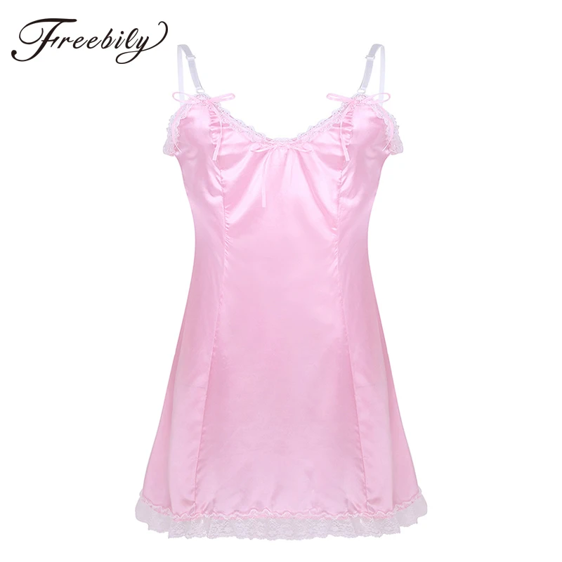 

Hot Sexy Men Crossdressing Sissy Lingerie Dress Spaghetti Straps Satin Lace Babydoll Erotic Male Dresses Gay Underwear Nightwear