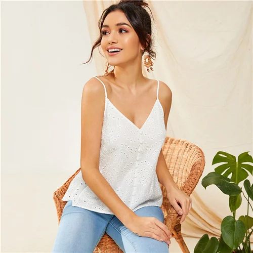 Слоновая кость SHEIN топ на пуговицах спереди Schiffy,, Boho, белый, Одноцветный, с рюшами, с ушками, с вышивкой, летний, v-образный вырез, на тонких бретелях, жилеты - Цвет: Слоновая кость
