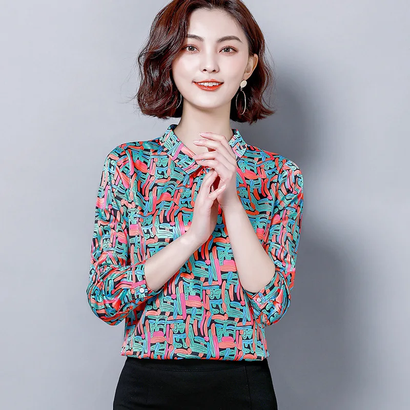 Women's Shirt Clothes Spring Summer Printed Silk Turn Down Top Female Long Sleeve Casual Plus Size Office Ladies Blouses H9091