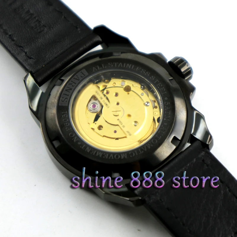 

44mm Parnis Miyota Automatic Watches Mechanical Wristwatch Black Dial PVD Case Sapphire Crystal mens watch