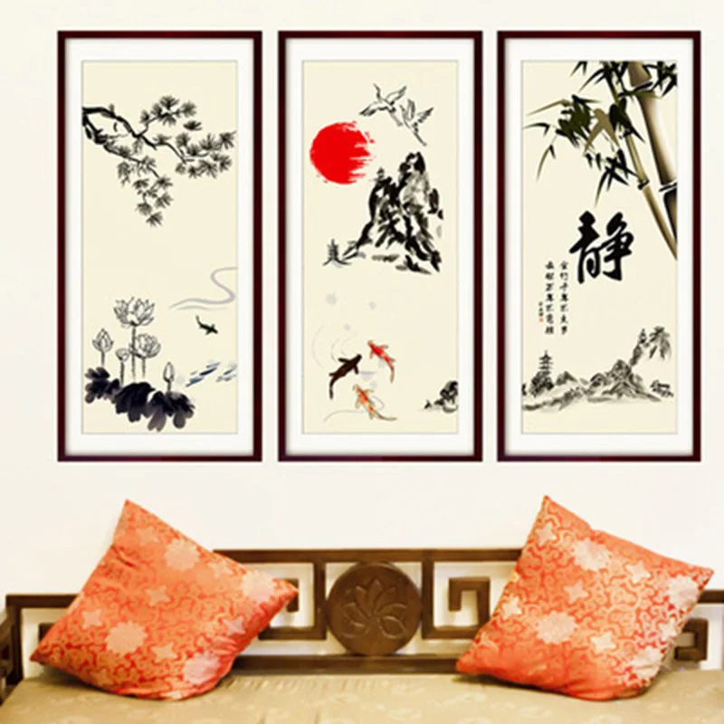 

Chinese Elements Lotus Tree Branches Fish Pool Sun Bamboo Mountain Wall Sticker Home Decor Fake Frame Wallpaper Poster Art Decal