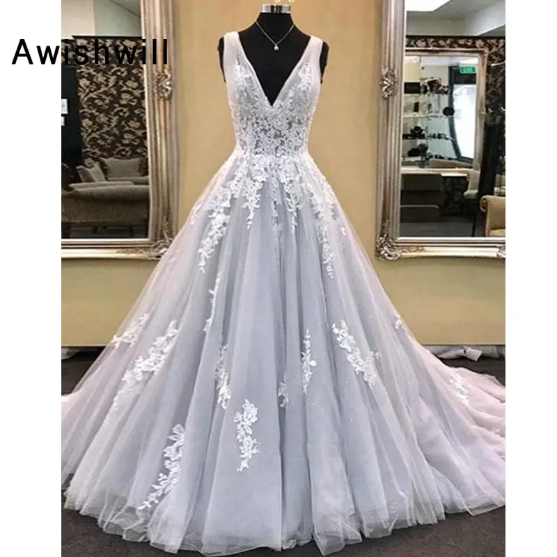 

New Arrival V-neck A-line Lace Appliques Tulle Evening Dress 2020 Elegant Women Formal Gown for Party Robe de Soiree