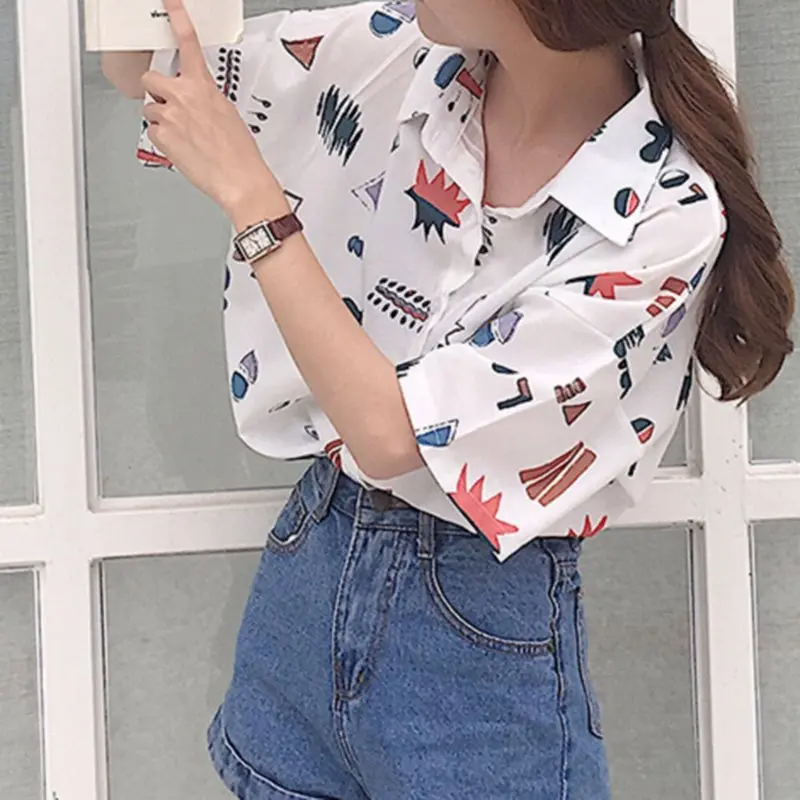 Harajuku White Shirt Women Korean Street Blouses Chic Print Summer Tops School Girl Loose Plus Size Office Ladies Casual Shirts |