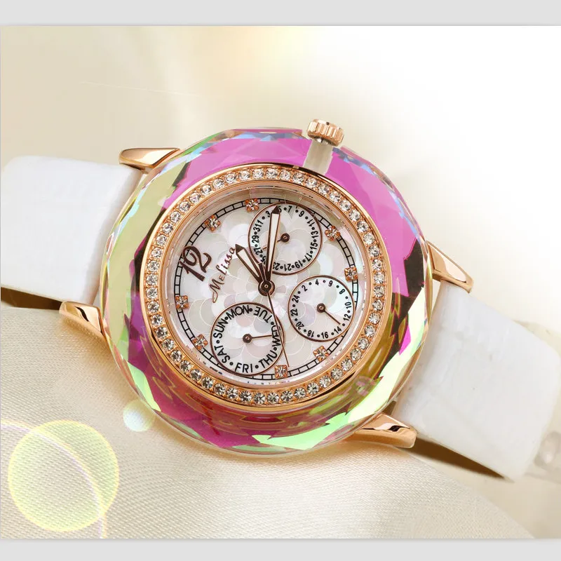 

Melissa Luxury Crystal Case Women Dress Watches Multi-functional Calendar Wrist watch Quartz Workable 6-hand Analog Montre Femme