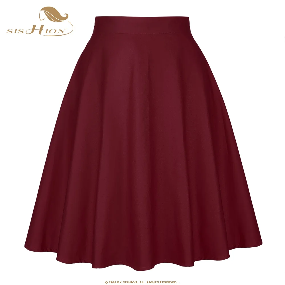 

SISHION Summer Skirts Women Ladies High Waist Knee Length Short Swing Vintage Rockabilly 50s Cotton Wine Red Skirt